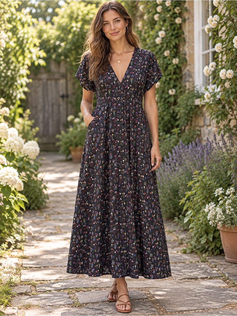 Marine Layer Black Floral V-Neck Maxi Dress